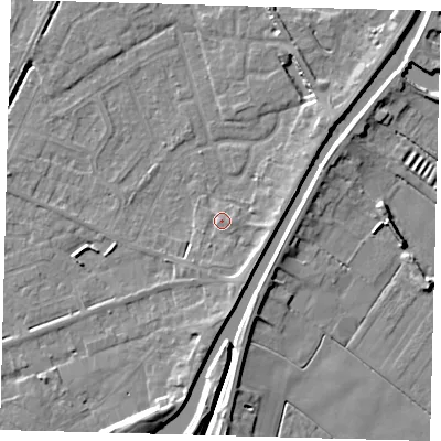 Shaded relief map of the ground around PE112TP, computed from Environment Agency LiDAR. The ground here sits at about 4 m above sea level and falls 6 m across the surrounding 800 m. Surface water reaching this point runs off ground lying to the south-south-east, 3.1 m higher.