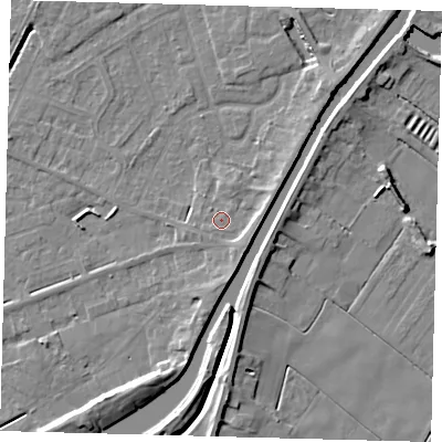 Shaded relief map of the ground around PE112TR, computed from Environment Agency LiDAR. The ground here sits at about 4 m above sea level and falls 6 m across the surrounding 800 m. Surface water reaching this point runs off ground lying to the south-east, 2.2 m higher.