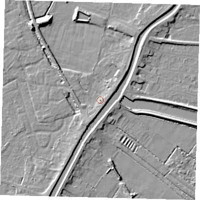 Shaded relief map of the ground around PE112TS, computed from Environment Agency LiDAR. The ground here sits at about 5 m above sea level and falls 9 m across the surrounding 800 m. Surface water reaching this point runs off ground lying to the east-north-east, 2.2 m higher.
