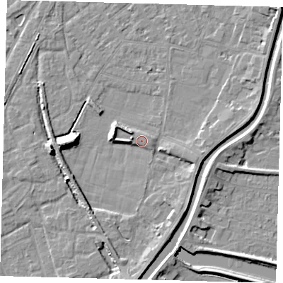 Shaded relief map of the ground around PE112TT, computed from Environment Agency LiDAR. The ground here sits at about 4 m above sea level and falls 9 m across the surrounding 800 m. Surface water reaching this point runs off ground lying to the south-west, 3.5 m higher.