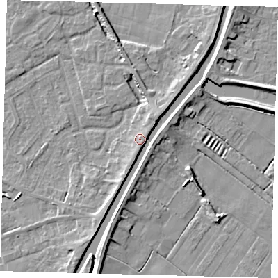 Shaded relief map of the ground around PE112TW, computed from Environment Agency LiDAR. The ground here sits at about 5 m above sea level and falls 6 m across the surrounding 800 m. Surface water reaching this point runs off ground lying to the south-south-east, 2.3 m higher.
