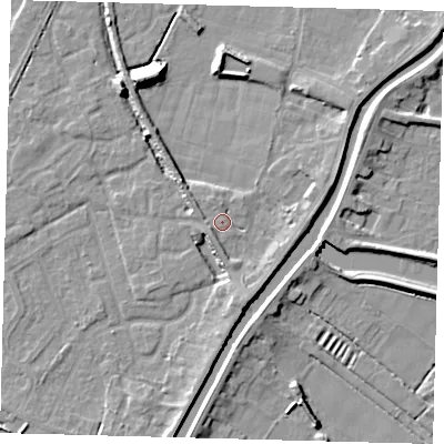 Shaded relief map of the ground around PE112TY, computed from Environment Agency LiDAR. The ground here sits at about 4 m above sea level and falls 9 m across the surrounding 800 m. Surface water reaching this point runs off ground lying to the west-north-west, 1.2 m higher.