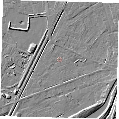 Shaded relief map of the ground around PE112UP, computed from Environment Agency LiDAR. The ground here sits at about 3 m above sea level and falls 11 m across the surrounding 800 m. Surface water reaching this point runs off ground lying to the east, 1.6 m higher.