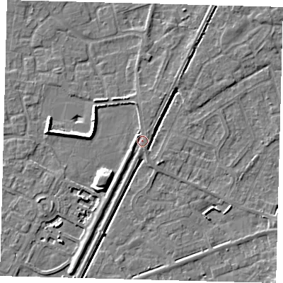Shaded relief map of the ground around PE112UR, computed from Environment Agency LiDAR. The ground here sits at about 4 m above sea level and falls 6 m across the surrounding 800 m. Surface water reaching this point runs off ground lying to the north-north-east, 0.8 m higher.