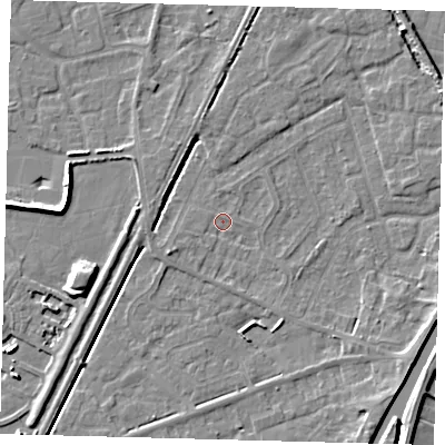 Shaded relief map of the ground around PE112UU, computed from Environment Agency LiDAR. The ground here sits at about 3 m above sea level and falls 7 m across the surrounding 800 m. Surface water reaching this point runs off ground lying to the west-south-west, 2.3 m higher.