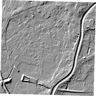 Shaded relief map of the ground around PE112XA, computed from Environment Agency LiDAR. The ground here sits at about 4 m above sea level and falls 9 m across the surrounding 800 m. Surface water reaching this point runs off ground lying to the east, 3.1 m higher.