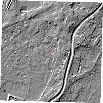 Shaded relief map of the ground around PE112XE, computed from Environment Agency LiDAR. The ground here sits at about 4 m above sea level and falls 5 m across the surrounding 800 m. Surface water reaching this point runs off ground lying to the north-north-east, 3.1 m higher.
