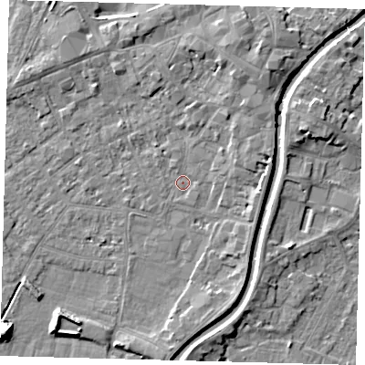 Shaded relief map of the ground around PE112XF, computed from Environment Agency LiDAR. The ground here sits at about 4 m above sea level and falls 7 m across the surrounding 800 m. Surface water reaching this point runs off ground lying to the north-east, 3.6 m higher.
