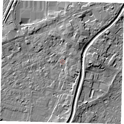 Shaded relief map of the ground around PE112XG, computed from Environment Agency LiDAR. The ground here sits at about 5 m above sea level and falls 5 m across the surrounding 800 m. Surface water reaching this point runs off ground lying to the north-east, 2.8 m higher.
