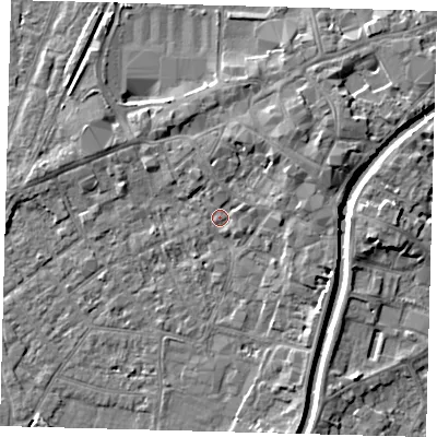 Shaded relief map of the ground around PE112XJ, computed from Environment Agency LiDAR. The ground here sits at about 4 m above sea level and falls 5 m across the surrounding 800 m. Surface water reaching this point runs off ground lying to the east-north-east, 3.2 m higher.