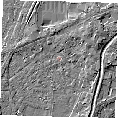 Shaded relief map of the ground around PE112XL, computed from Environment Agency LiDAR. The ground here sits at about 4 m above sea level and falls 5 m across the surrounding 800 m. Surface water reaching this point runs off ground lying to the north-north-east, 2.0 m higher.