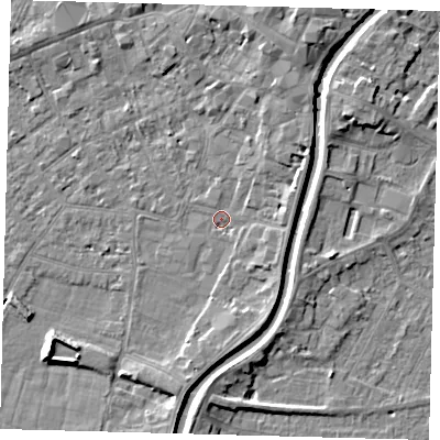 Shaded relief map of the ground around PE112XP, computed from Environment Agency LiDAR. The ground here sits at about 4 m above sea level and falls 5 m across the surrounding 800 m. Surface water reaching this point runs off ground lying to the east-north-east, 3.1 m higher.
