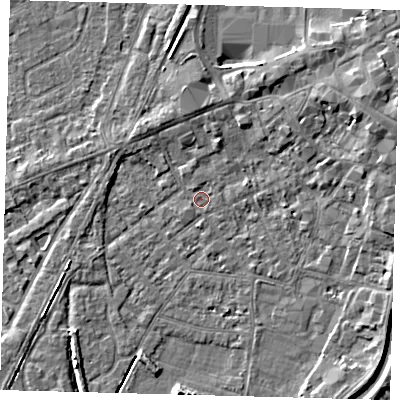 Shaded relief map of the ground around PE112XX, computed from Environment Agency LiDAR. The ground here sits at about 4 m above sea level and falls 5 m across the surrounding 800 m. Surface water reaching this point runs off ground lying to the north, 2.0 m higher.