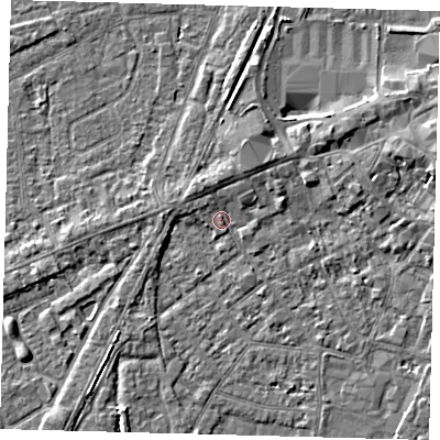 Shaded relief map of the ground around PE112XY, computed from Environment Agency LiDAR. The ground here sits at about 4 m above sea level and falls 4 m across the surrounding 800 m. Surface water reaching this point runs off ground lying to the north, 1.9 m higher.