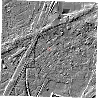 Shaded relief map of the ground around PE112YB, computed from Environment Agency LiDAR. The ground here sits at about 4 m above sea level and falls 5 m across the surrounding 800 m. Surface water reaching this point runs off ground lying to the north-north-east, 2.3 m higher.
