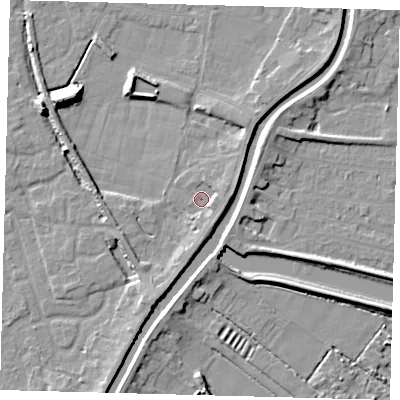 Shaded relief map of the ground around PE112YF, computed from Environment Agency LiDAR. The ground here sits at about 4 m above sea level and falls 9 m across the surrounding 800 m. Surface water reaching this point runs off ground lying to the south-east, 2.1 m higher.