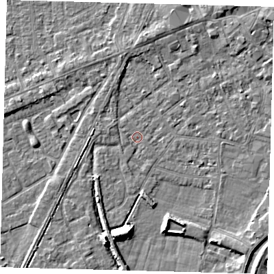 Shaded relief map of the ground around PE112YL, computed from Environment Agency LiDAR. The ground here sits at about 4 m above sea level and falls 9 m across the surrounding 800 m. Surface water reaching this point runs off ground lying to the west-north-west, 1.4 m higher.