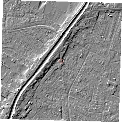 Shaded relief map of the ground around PE112YT, computed from Environment Agency LiDAR. The ground here sits at about 4 m above sea level and falls 4 m across the surrounding 800 m. Surface water reaching this point runs off ground lying to the south-west, 3.2 m higher.