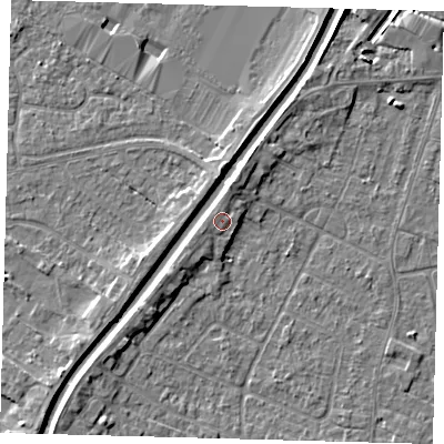 Shaded relief map of the ground around PE112YU, computed from Environment Agency LiDAR. The ground here sits at about 5 m above sea level and falls 4 m across the surrounding 800 m. Surface water reaching this point runs off ground lying to the west-south-west, 1.0 m higher.