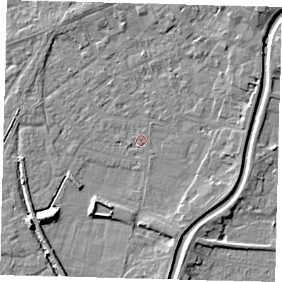 Shaded relief map of the ground around PE112YW, computed from Environment Agency LiDAR. The ground here sits at about 4 m above sea level and falls 9 m across the surrounding 800 m. Surface water reaching this point runs off ground lying to the east-north-east, 3.1 m higher.