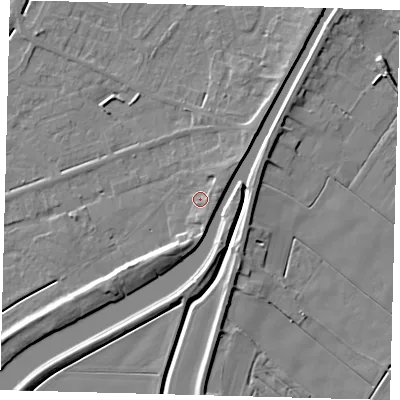 Shaded relief map of the ground around PE113AA, computed from Environment Agency LiDAR. The ground here sits at about 4 m above sea level and falls 6 m across the surrounding 800 m. Surface water reaching this point runs off ground lying to the east-north-east, 2.4 m higher.