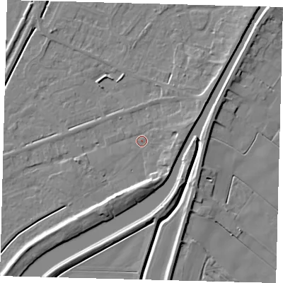 Shaded relief map of the ground around PE113AB, computed from Environment Agency LiDAR. The ground here sits at about 3 m above sea level and falls 6 m across the surrounding 800 m. Surface water reaching this point runs off ground lying to the east, 2.6 m higher.