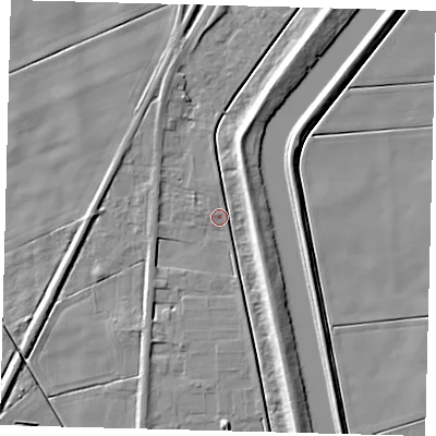 Shaded relief map of the ground around PE113AQ, computed from Environment Agency LiDAR. The ground here sits at about 2 m above sea level and falls 6 m across the surrounding 800 m. Surface water reaching this point runs off ground lying to the north-north-west, 2.4 m higher.
