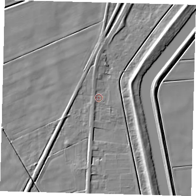 Shaded relief map of the ground around PE113AS, computed from Environment Agency LiDAR. The ground here sits at about 2 m above sea level and falls 6 m across the surrounding 800 m. Surface water reaching this point runs off ground lying to the west, 1.2 m higher.