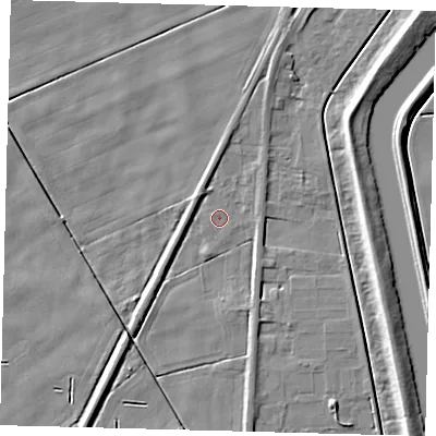 Shaded relief map of the ground around PE113AT, computed from Environment Agency LiDAR. The ground here sits at about 2 m above sea level and falls 6 m across the surrounding 800 m. Surface water reaching this point runs off ground lying to the north-north-east, 2.9 m higher.