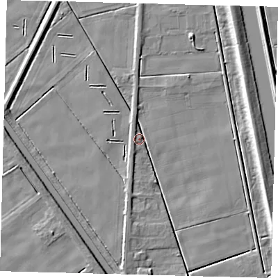 Shaded relief map of the ground around PE113AU, computed from Environment Agency LiDAR. The ground here sits at about 2 m above sea level and falls 7 m across the surrounding 800 m. Surface water reaching this point runs off ground lying to the north, 3.4 m higher.