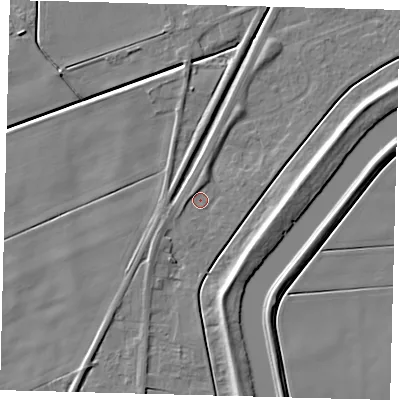 Shaded relief map of the ground around PE113BU, computed from Environment Agency LiDAR. The ground here sits at about 2 m above sea level and falls 6 m across the surrounding 800 m. Surface water reaching this point runs off ground lying to the north, 1.6 m higher.