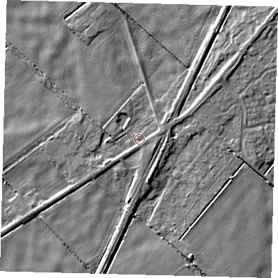 Shaded relief map of the ground around PE113DF, computed from Environment Agency LiDAR. The ground here sits at about 2 m above sea level and falls 5 m across the surrounding 800 m. Surface water reaching this point runs off ground lying to the east-north-east, 1.5 m higher.