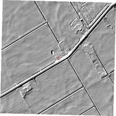 Shaded relief map of the ground around PE113DJ, computed from Environment Agency LiDAR. The ground here sits at about 2 m above sea level and falls 4 m across the surrounding 800 m. Surface water reaching this point runs off ground lying to the east-south-east, 1.6 m higher.