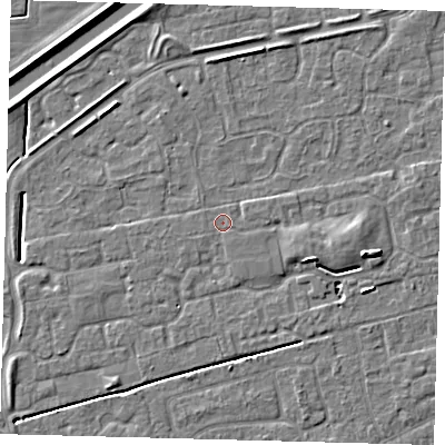 Shaded relief map of the ground around PE113DN, computed from Environment Agency LiDAR. The ground here sits at about 3 m above sea level and falls 6 m across the surrounding 800 m. The ground contributing surface water to this point lies to the east-south-east.