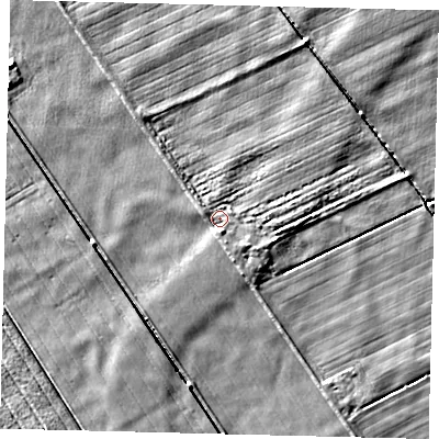 Shaded relief map of the ground around PE113DS, computed from Environment Agency LiDAR. The ground here sits at about 1 m above sea level and falls 3 m across the surrounding 800 m. Surface water reaching this point runs off ground lying to the south-east, 1.5 m higher.