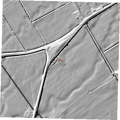Shaded relief map of the ground around PE113DW, computed from Environment Agency LiDAR. The ground here sits at about 3 m above sea level and falls 4 m across the surrounding 800 m. Surface water reaching this point runs off ground lying to the west, 2.6 m higher.