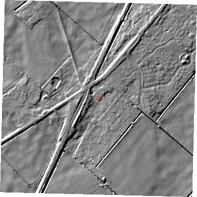 Shaded relief map of the ground around PE113DX, computed from Environment Agency LiDAR. The ground here sits at about 2 m above sea level and falls 5 m across the surrounding 800 m. Surface water reaching this point runs off ground lying to the west, 2.3 m higher.