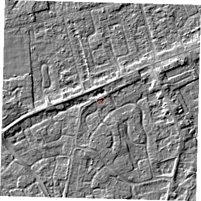 Shaded relief map of the ground around PE113FB, computed from Environment Agency LiDAR. The ground here sits at about 4 m above sea level and falls 3 m across the surrounding 800 m. Surface water reaching this point runs off ground lying to the north-north-east, 1.5 m higher.