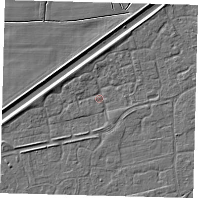 Shaded relief map of the ground around PE113FE, computed from Environment Agency LiDAR. The ground here sits at about 3 m above sea level and falls 4 m across the surrounding 800 m. Surface water reaching this point runs off ground lying to the south-west, 1.6 m higher.