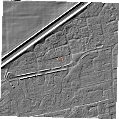 Shaded relief map of the ground around PE113FF, computed from Environment Agency LiDAR. The ground here sits at about 2 m above sea level and falls 4 m across the surrounding 800 m. Surface water reaching this point runs off ground lying to the north-north-east, 2.5 m higher.