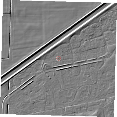 Shaded relief map of the ground around PE113FN, computed from Environment Agency LiDAR. The ground here sits at about 3 m above sea level and falls 5 m across the surrounding 800 m. The ground contributing surface water to this point lies to the south.
