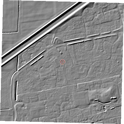 Shaded relief map of the ground around PE113FS, computed from Environment Agency LiDAR. The ground here sits at about 3 m above sea level and falls 6 m across the surrounding 800 m. Surface water reaching this point runs off ground lying to the north, 0.9 m higher.