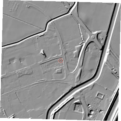 Shaded relief map of the ground around PE113FY, computed from Environment Agency LiDAR. The ground here sits at about 4 m above sea level and falls 11 m across the surrounding 800 m. Surface water reaching this point runs off ground lying to the north-north-east, 1.6 m higher.
