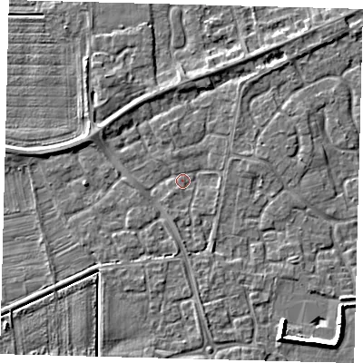 Shaded relief map of the ground around PE113GG, computed from Environment Agency LiDAR. The ground here sits at about 3 m above sea level and falls 6 m across the surrounding 800 m. Surface water reaching this point runs off ground lying to the east-north-east, 1.4 m higher.