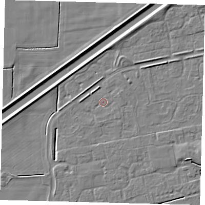 Shaded relief map of the ground around PE113GJ, computed from Environment Agency LiDAR. The ground here sits at about 3 m above sea level and falls 5 m across the surrounding 800 m. Surface water reaching this point runs off ground lying to the east-north-east, 1.2 m higher.