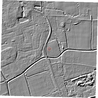 Shaded relief map of the ground around PE113GR, computed from Environment Agency LiDAR. The ground here sits at about 3 m above sea level and falls 6 m across the surrounding 800 m. Surface water reaching this point runs off ground lying to the west, 0.6 m higher.