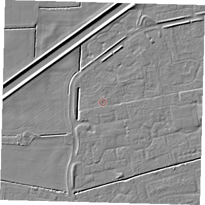 Shaded relief map of the ground around PE113GU, computed from Environment Agency LiDAR. The ground here sits at about 3 m above sea level and falls 5 m across the surrounding 800 m. The ground contributing surface water to this point lies to the north-east.