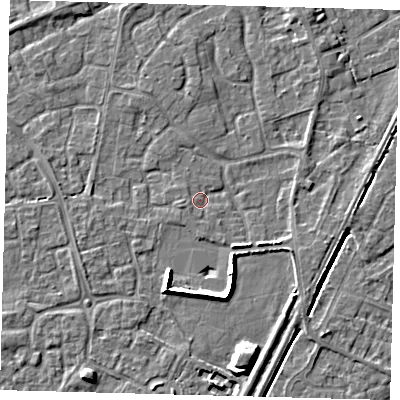 Shaded relief map of the ground around PE113HF, computed from Environment Agency LiDAR. The ground here sits at about 3 m above sea level and falls 6 m across the surrounding 800 m. Surface water reaching this point runs off ground lying to the south, 5.5 m higher.