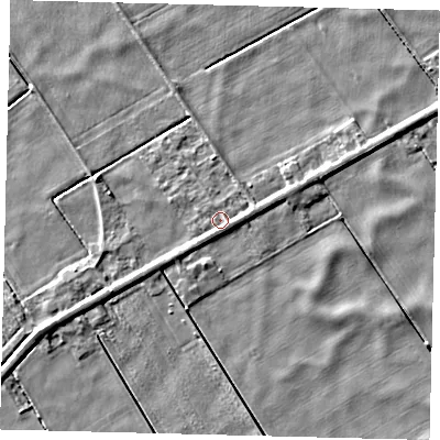 Shaded relief map of the ground around PE113HP, computed from Environment Agency LiDAR. The ground here sits at about 2 m above sea level and falls 4 m across the surrounding 800 m. Surface water reaching this point runs off ground lying to the south-south-east, 1.4 m higher.