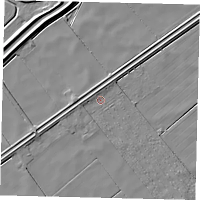 Shaded relief map of the ground around PE113HZ, computed from Environment Agency LiDAR. The ground here sits at about 1 m above sea level and falls 7 m across the surrounding 800 m. Surface water reaching this point runs off ground lying to the north, 2.5 m higher.